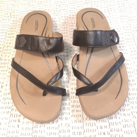 Aetrex women's 'Izzy' black faux leather adjustable thongs flip flops sz 9 - 9.5 - Picture 2 of 13